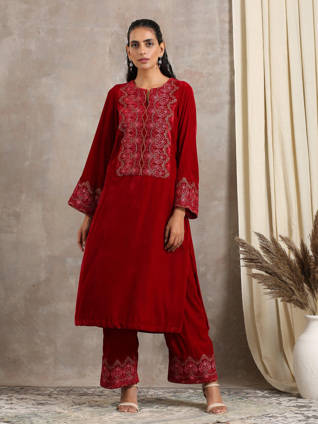 trueBrowns Red Velvet Embroidered Pant