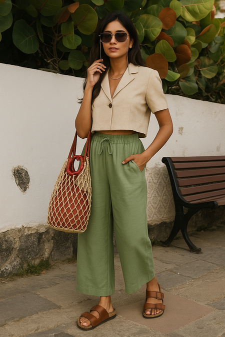 trueBrowns Mint Green Cotton Blend Elasticated Drawstring Straight Pants