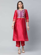 Ahalyaa Womens Red Art Silk Printed Kurta Pant Set - Distacart