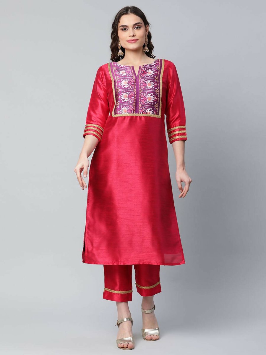 Ahalyaa Womens Red Art Silk Printed Kurta Pant Set - Distacart