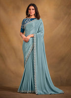 Light Blue Crepe Georgette Silk Designer Saree with Unstitched Blouse - Norita Mahitha