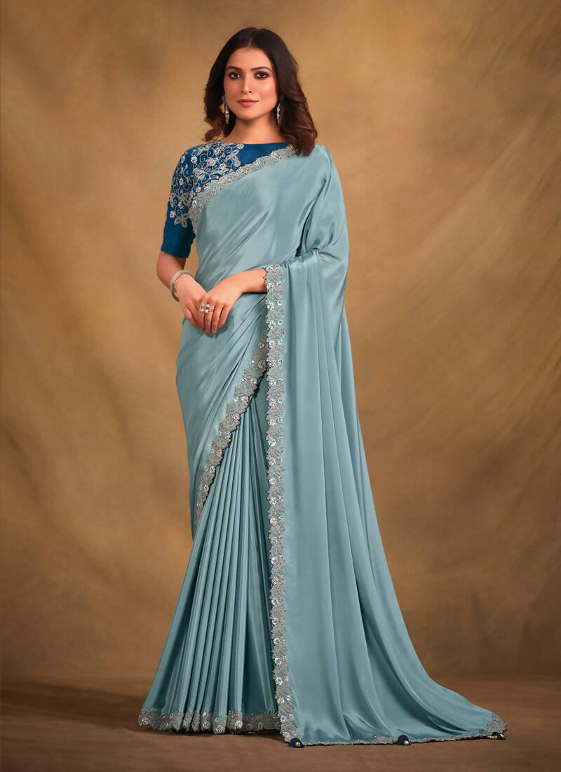 Light Blue Crepe Georgette Silk Designer Saree with Unstitched Blouse - Norita Mahitha