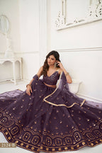 Eilara Women'S Dusty Wine Butterfly Net With Tone Thread Work And Sandwich Embroidered Work Lehenga Choli For Wedding