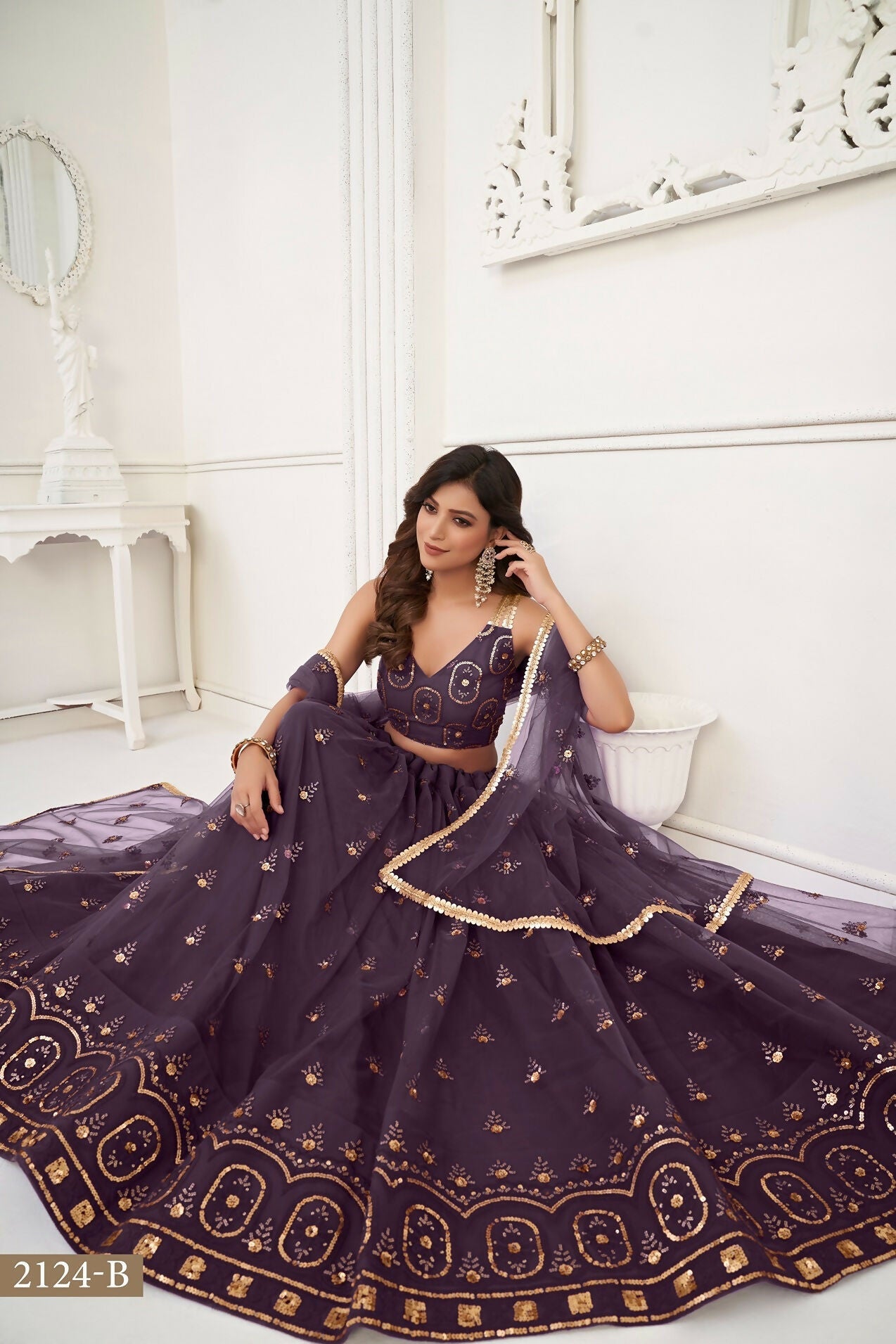 Eilara Women'S Dusty Wine Butterfly Net With Tone Thread Work And Sandwich Embroidered Work Lehenga Choli For Wedding