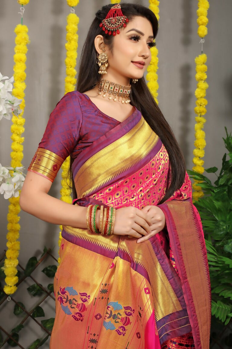 Jyoti Fashion Women's Pink Banarasi Silk Zari Woven Saree with Blouse