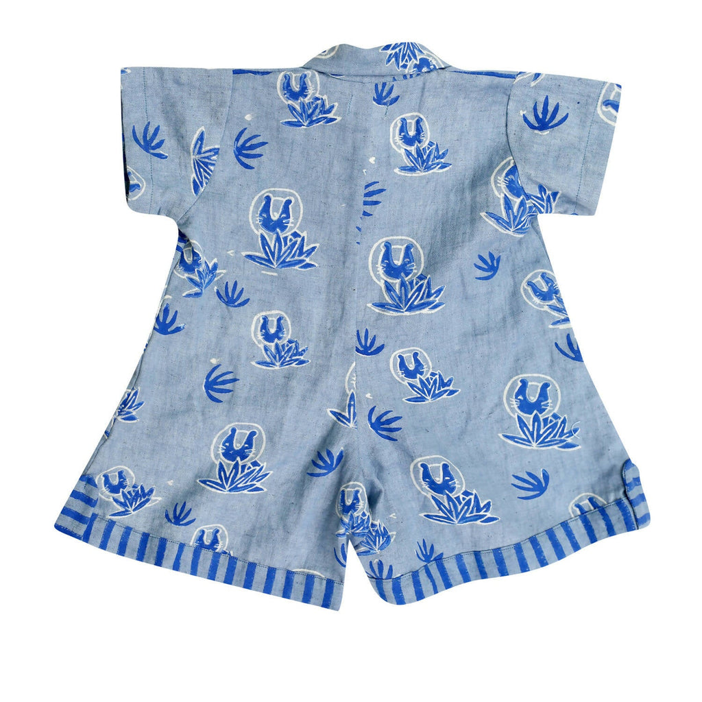 Mhyssa Blue Round Neck Patch Pocket Half Sleeves Romper For Kids