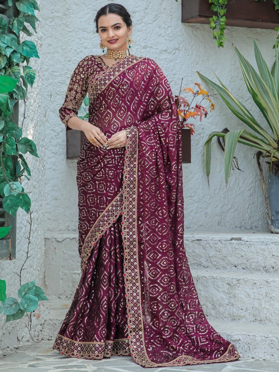 Teeya Creation Wine Color Kasturi Silk Heavy Work Saree
