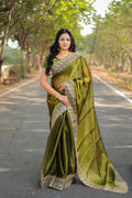 Teeya Creation Mahendi Color Burberry Silk Heavy Work Saree