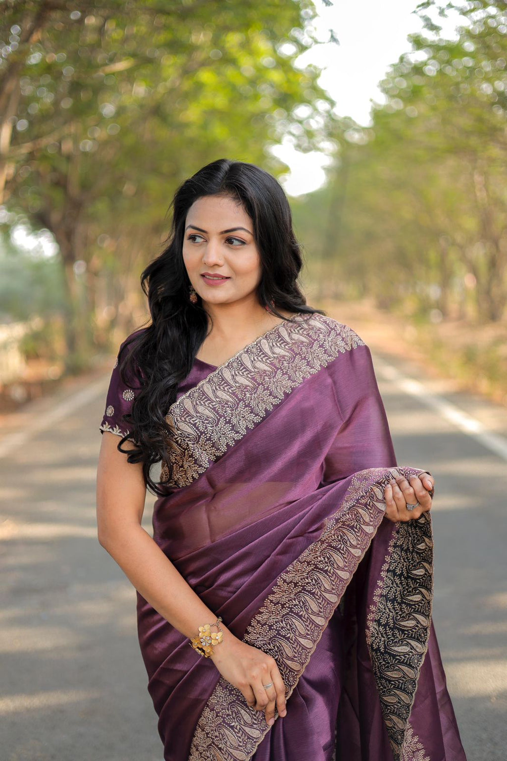 Teeya Creation Purple Color Burberry Silk Heavy Work Saree
