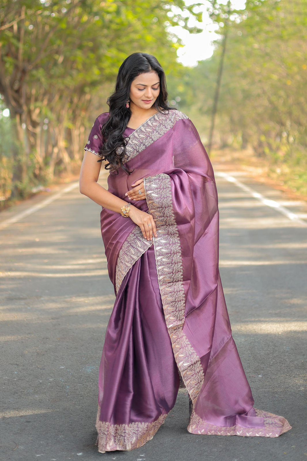 Teeya Creation Purple Color Burberry Silk Heavy Work Saree