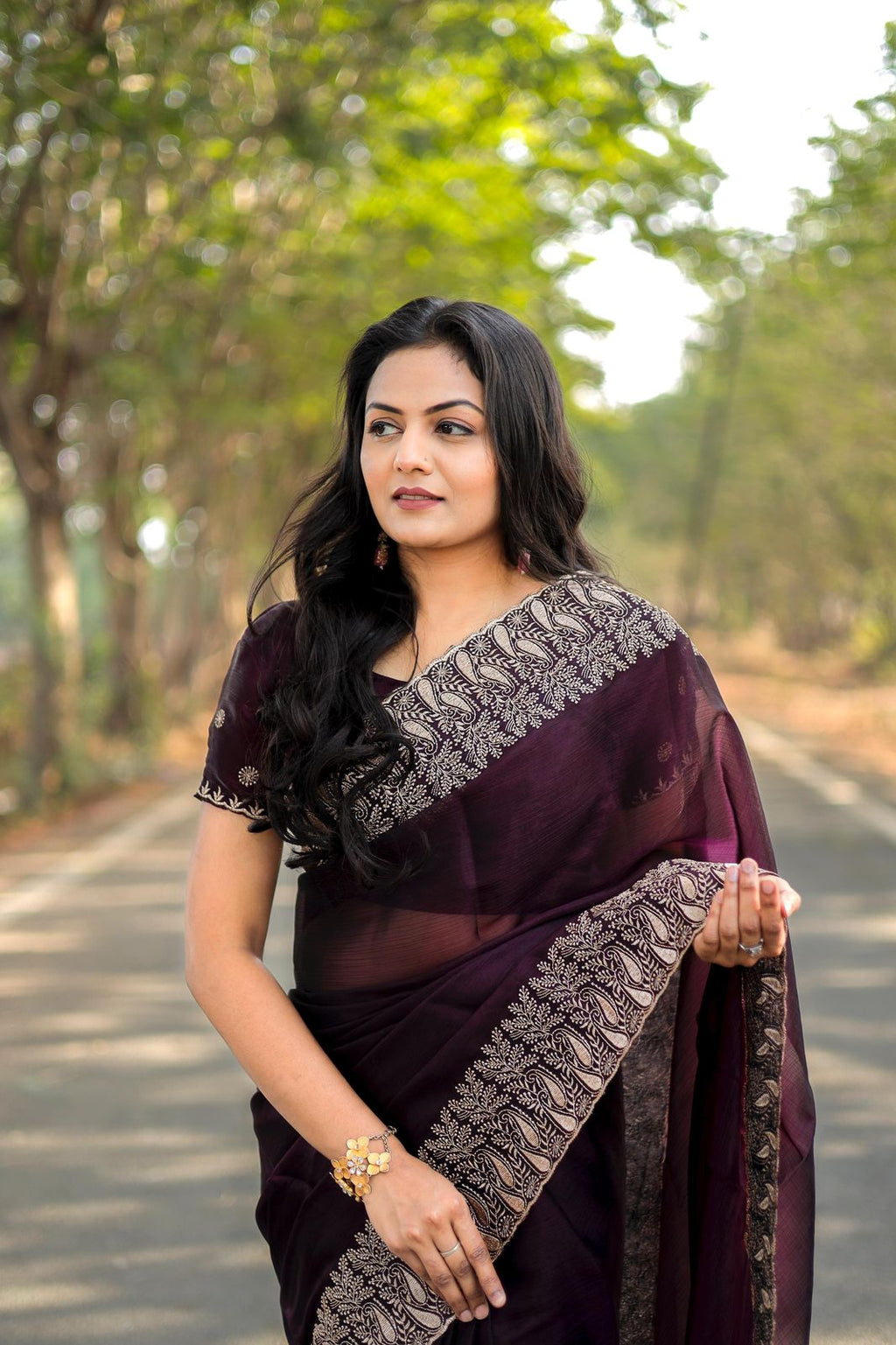 Teeya Creation Wine Color Burberry Silk Heavy Work Saree