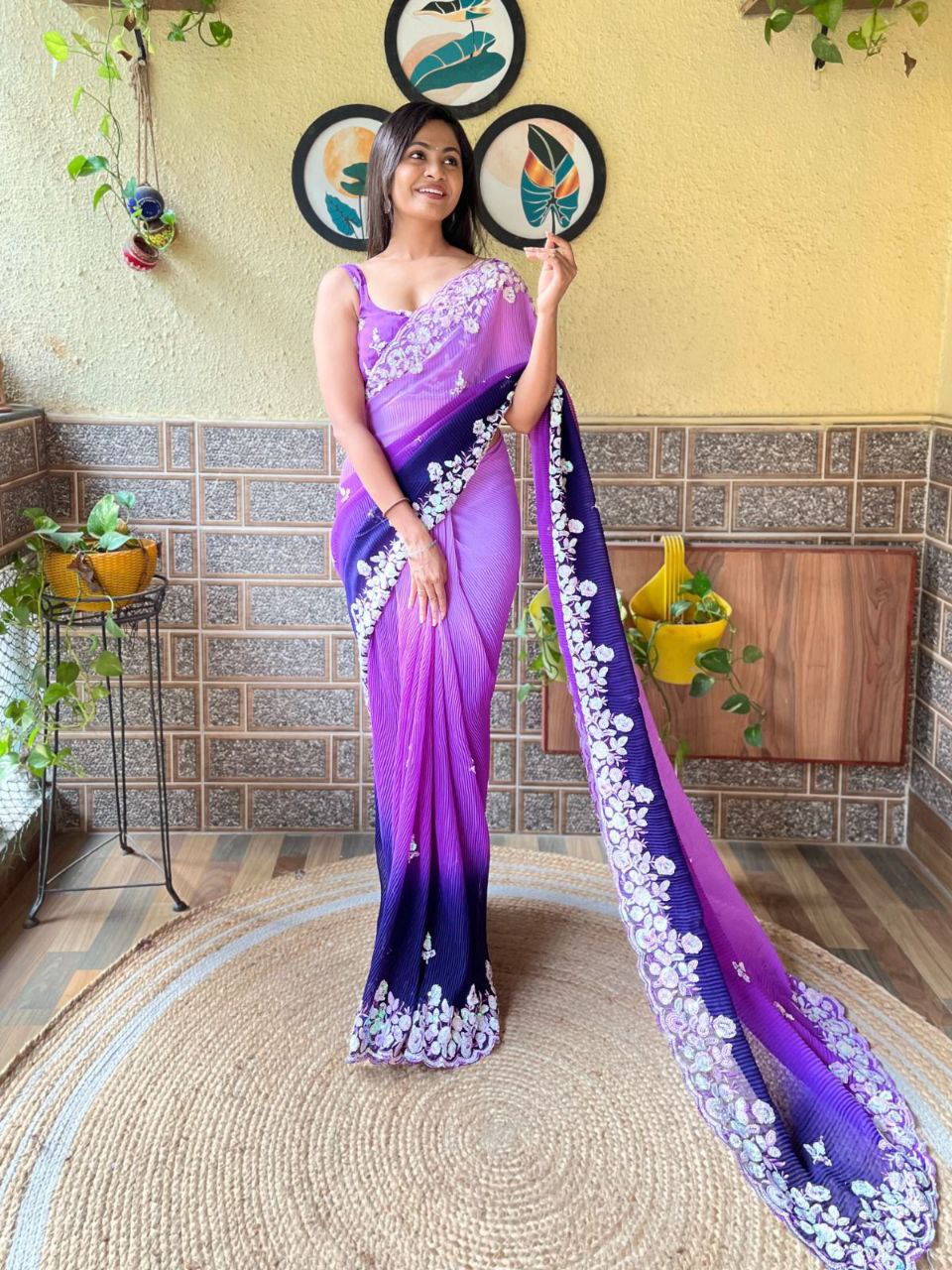 Teeya Creation Blue Color Georgette Embroidery Crush Work Saree