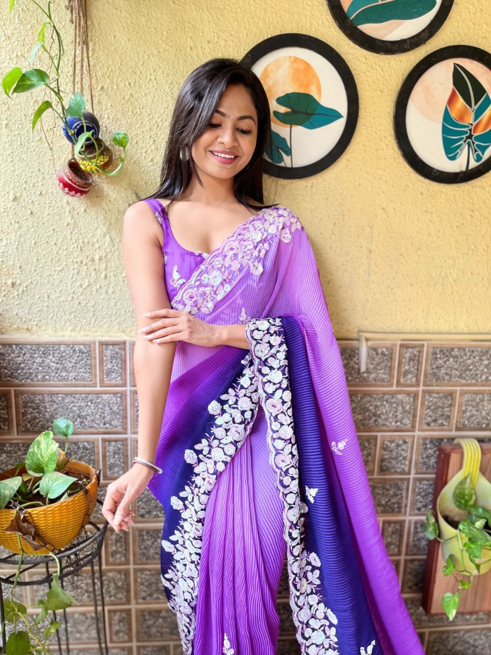 Teeya Creation Blue Color Georgette Embroidery Crush Work Saree