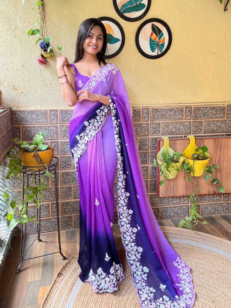 Teeya Creation Blue Color Georgette Embroidery Crush Work Saree
