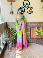 Teeya Creation parrot Color Georgette Embroidery Crush Work Saree