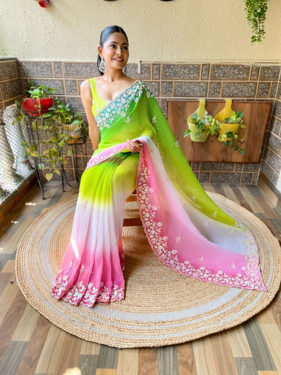 Teeya Creation parrot Color Georgette Embroidery Crush Work Saree