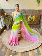 Teeya Creation parrot Color Georgette Embroidery Crush Work Saree