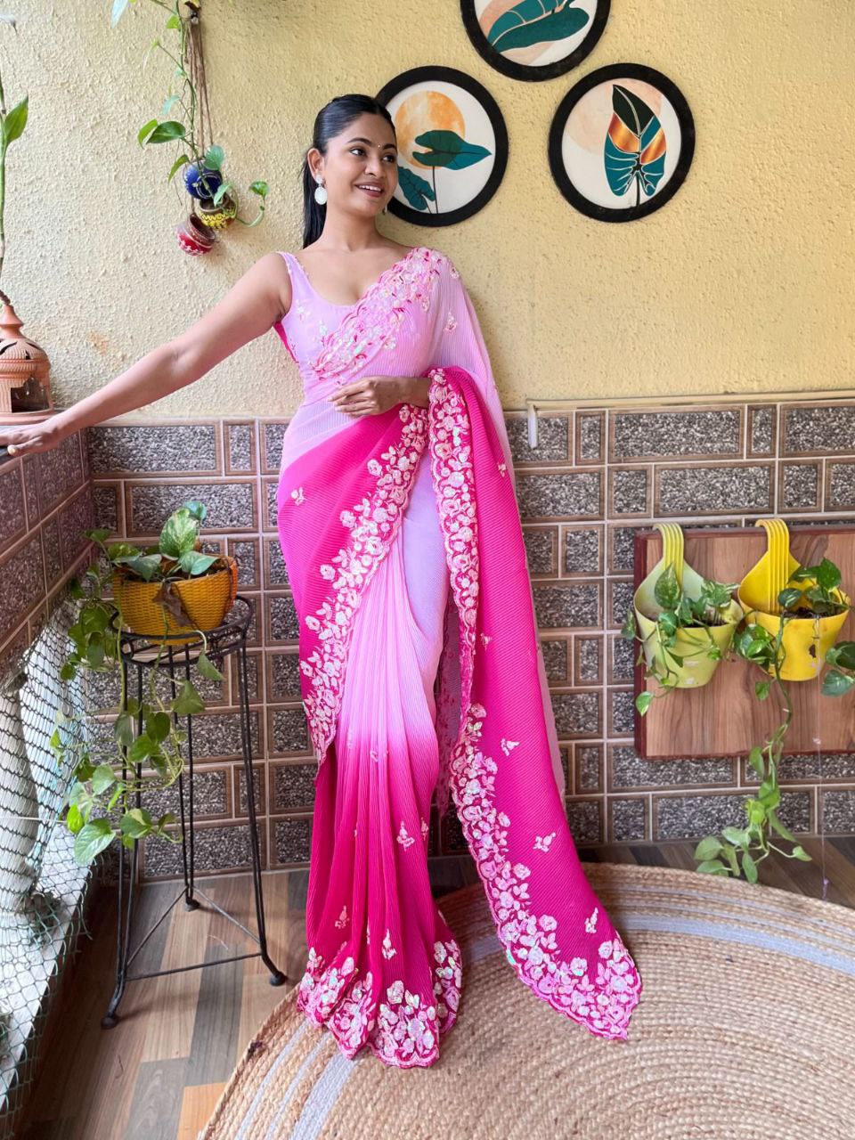 Teeya Creation Pink Color Georgette Embroidery Crush Work Saree
