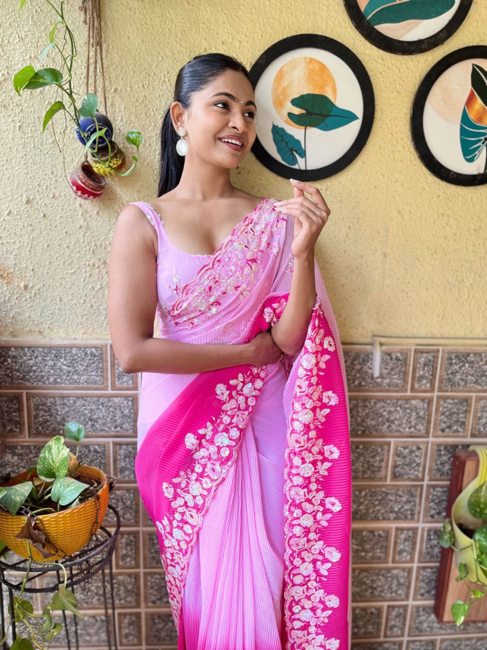 Teeya Creation Pink Color Georgette Embroidery Crush Work Saree