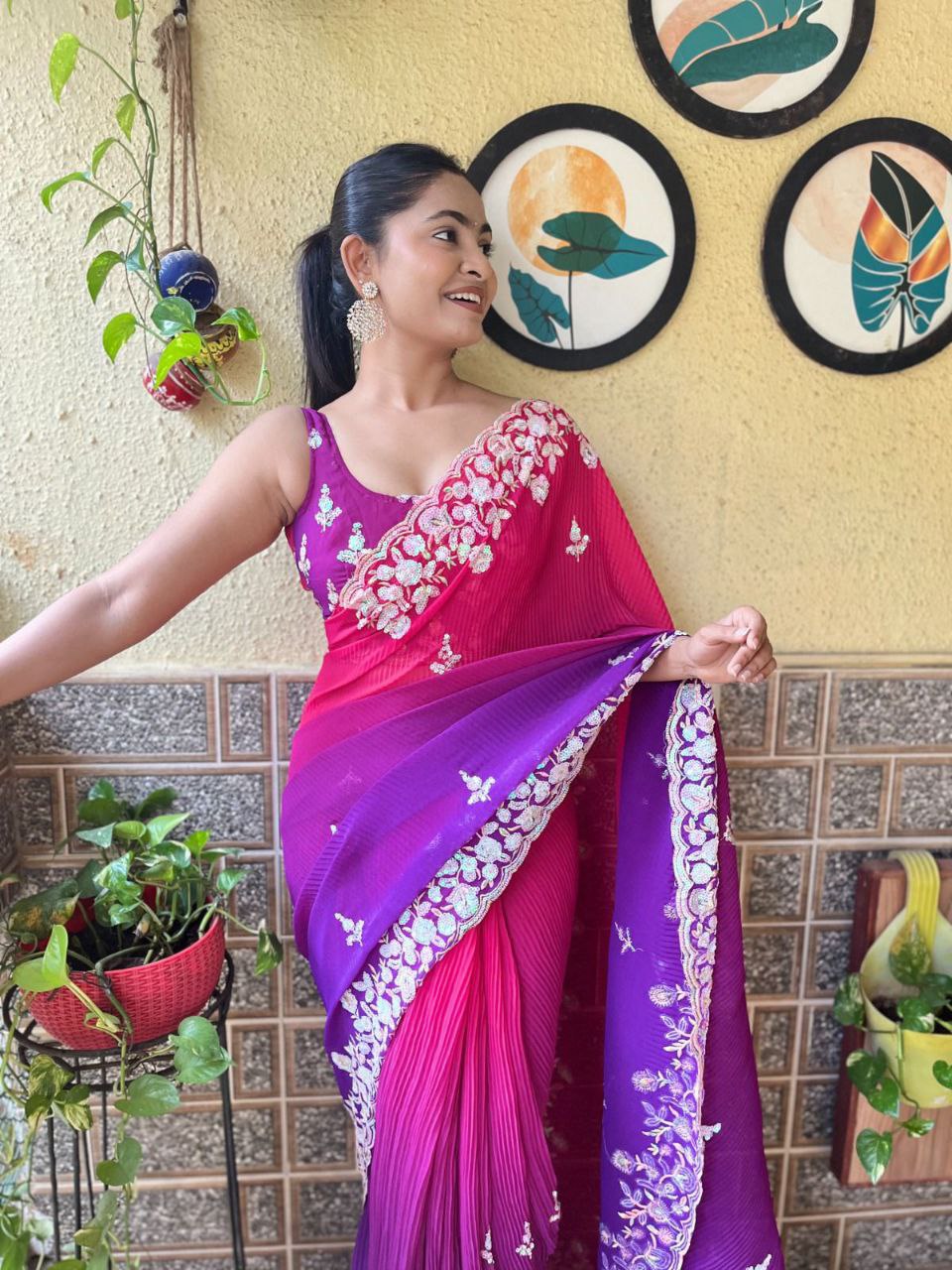 Teeya Creation Purple Color Georgette Embroidery Crush Work Saree
