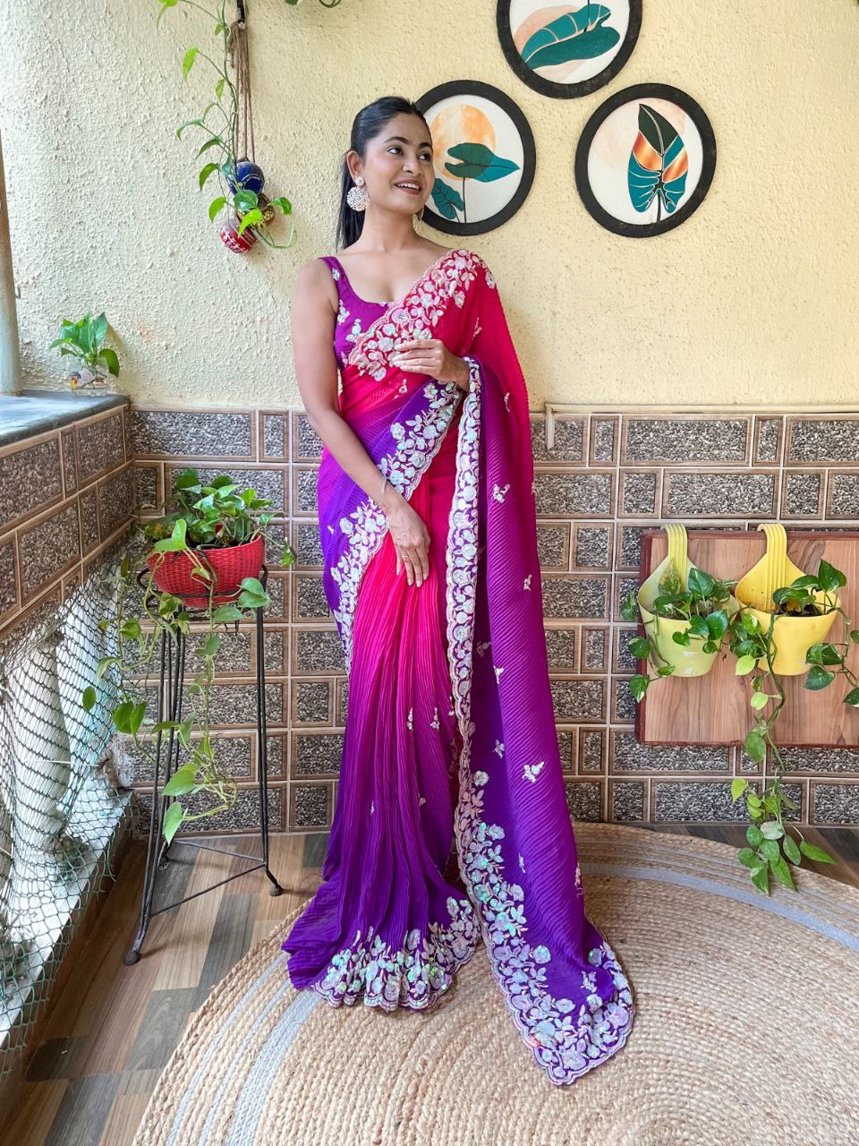 Teeya Creation Purple Color Georgette Embroidery Crush Work Saree