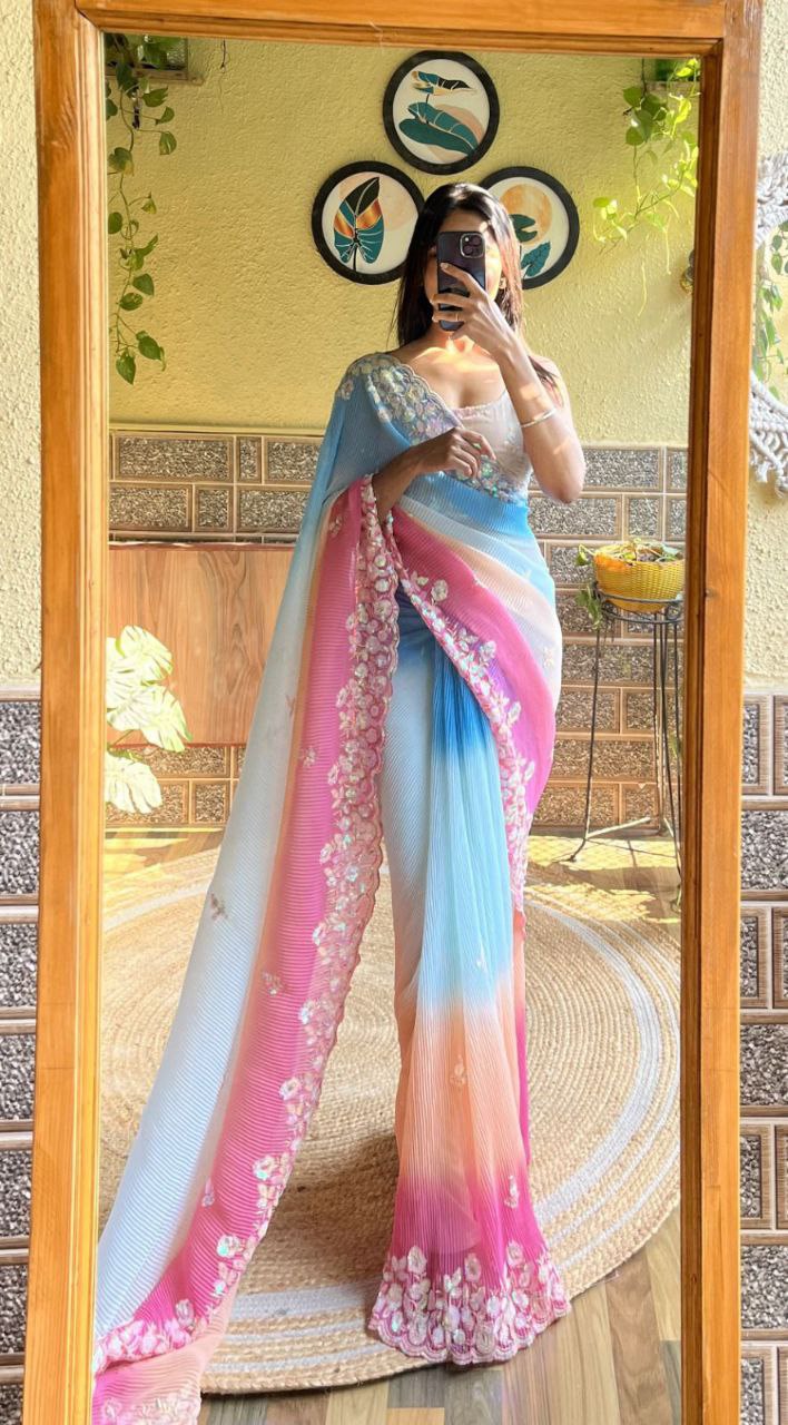 Teeya Creation Sky Color Georgette Embroidery Crush Work Saree
