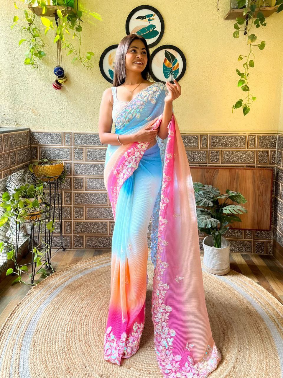 Teeya Creation Sky Color Georgette Embroidery Crush Work Saree