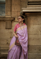 Crocus Purple & Peachsoft Handloom Sik Zari & Thread Work, Contrast Pallu Saree - Rajtex Kube Silk