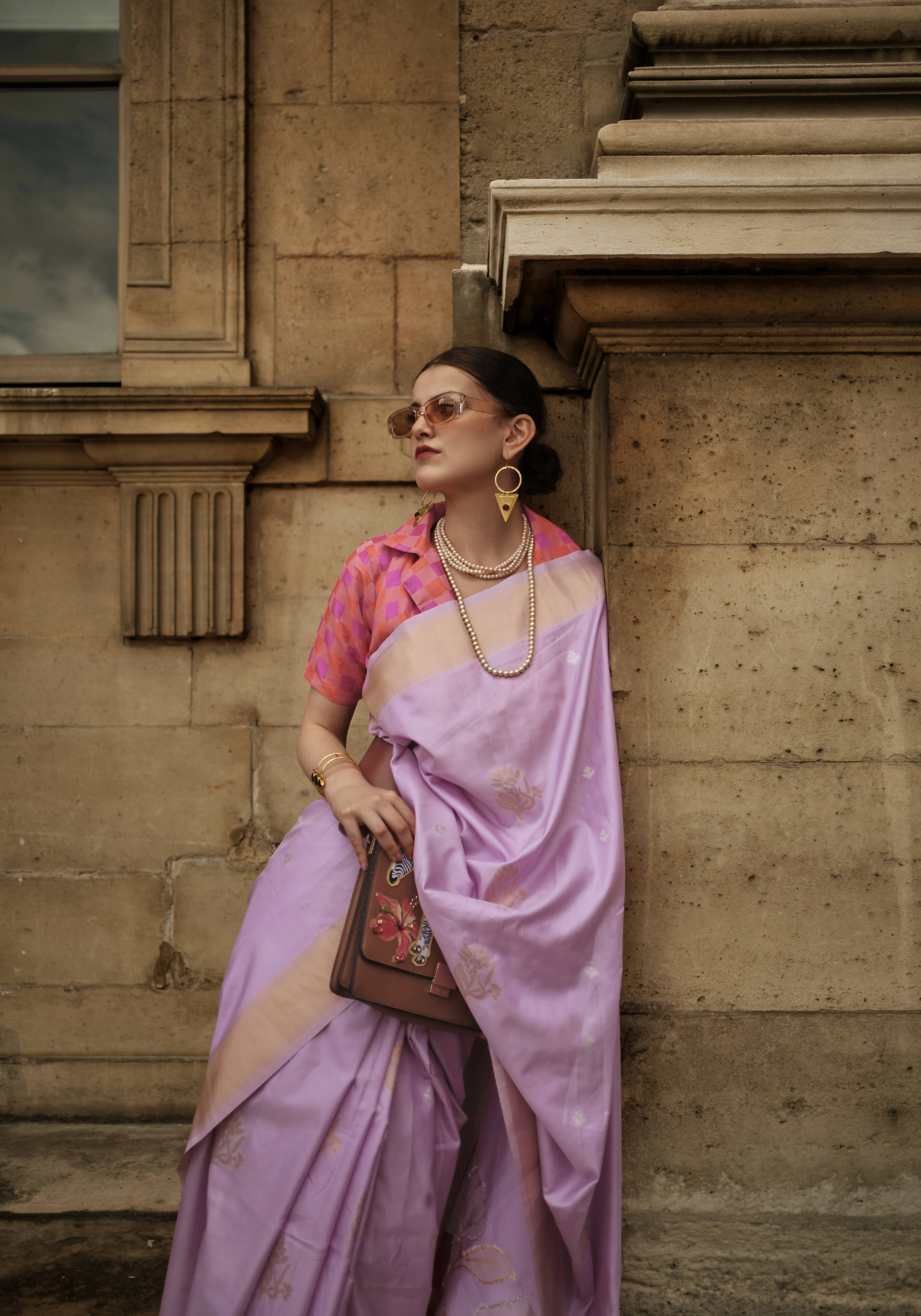 Crocus Purple & Peachsoft Handloom Sik Zari & Thread Work, Contrast Pallu Saree - Rajtex Kube Silk