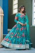 Anaita Blue Tabby Silk Readymade Anarkali Suit with Embroidery Thread & Sequence Work - Distacart