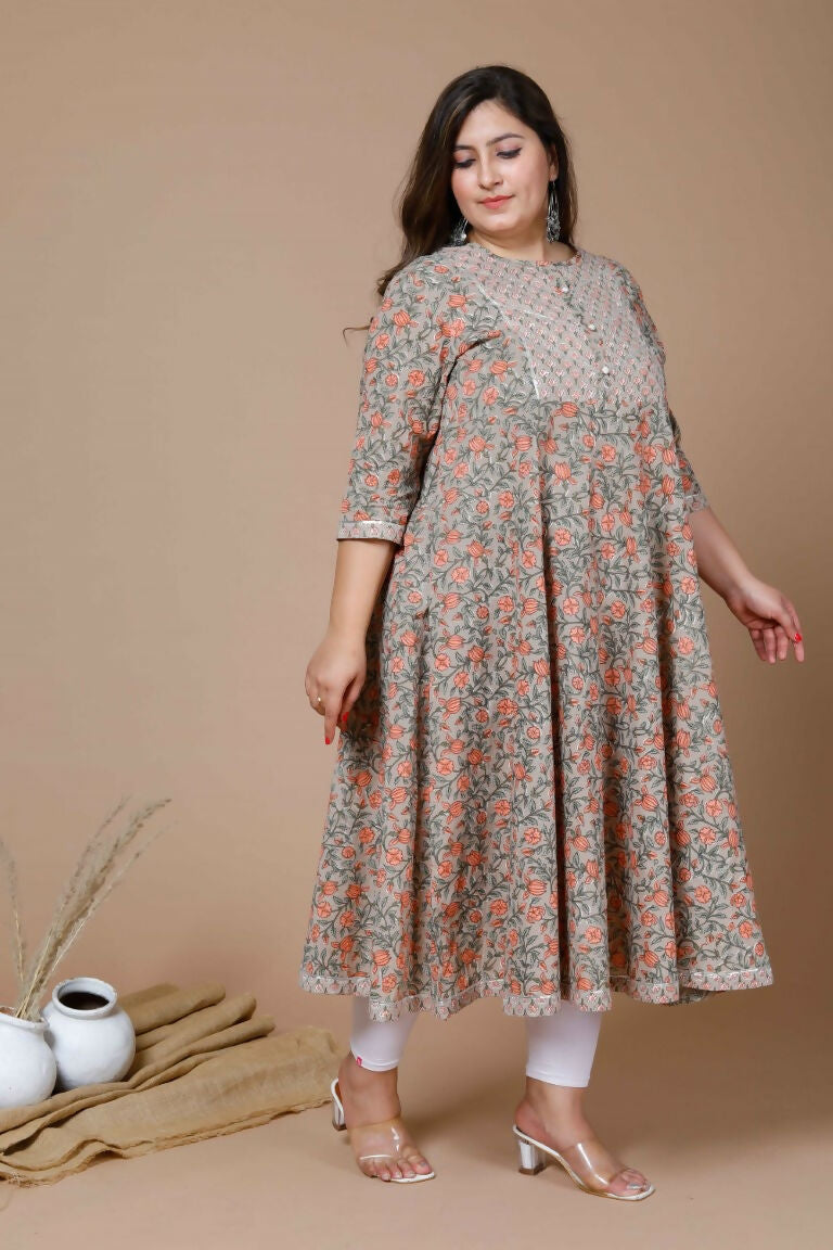 Miravan Women's Plus Size Camel Brown Gotta Patti Pure Cotton Anarkali Kurta