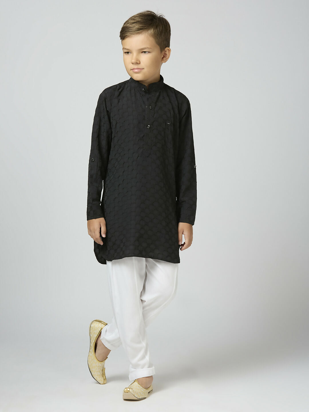 Joban Fashion Kids Island Full Sleeves Texture Cotton Kurta and Pyjama Set - Black - Distacart