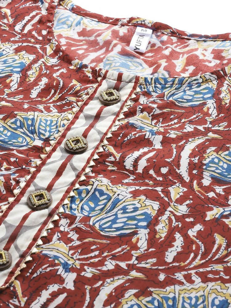 Yufta Women Maroon Pure Cotton Ethnic Motifs Printed Kurta with Palazzo & Dupatta