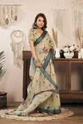 Joban Fashion Beige Floral Linen Ready To Wear Saree With Unstitched Blouse - Distacart