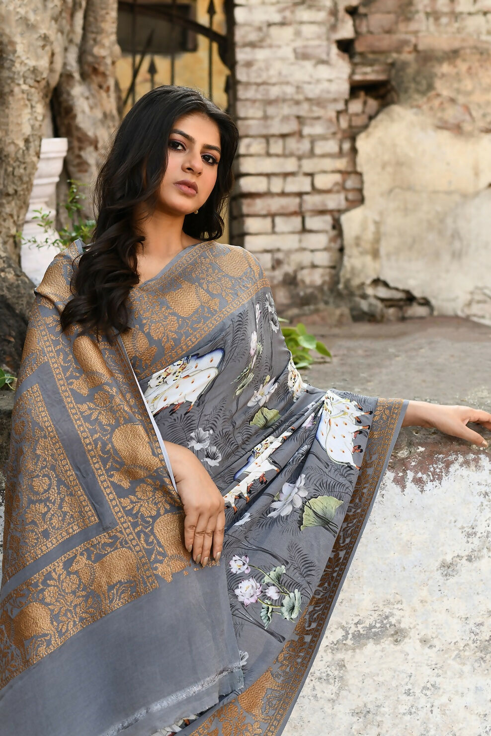 Joban Fashion Silver Grey Pure Crepe Pure Handloom Banarasi Silk Saree