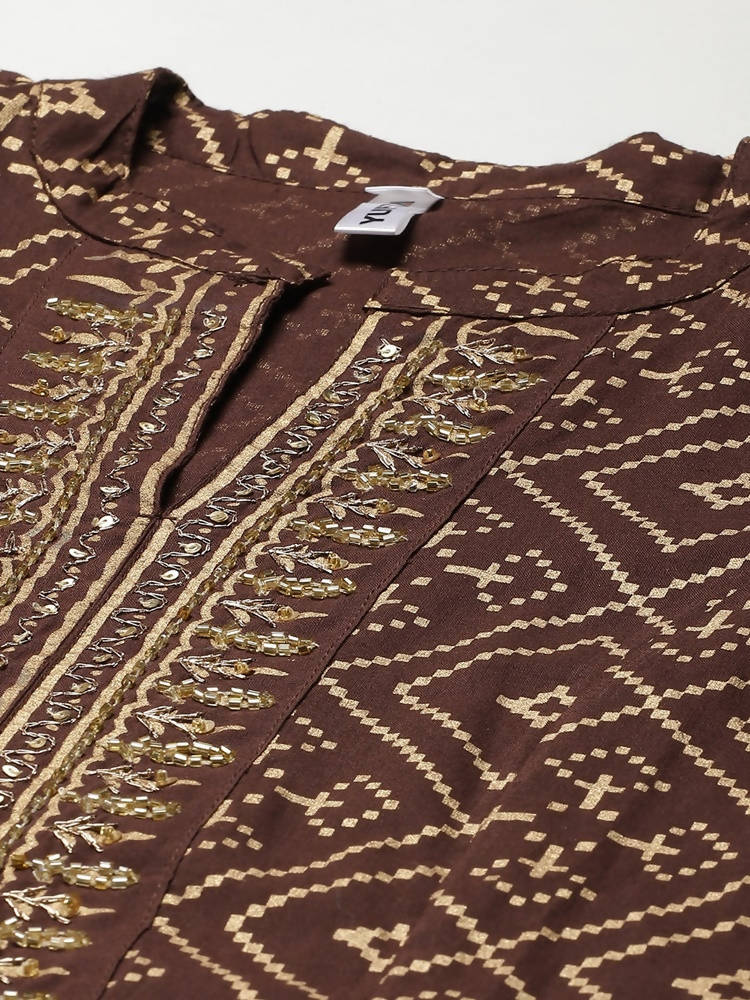 Yufta Women Brown Printed Panelled Beads and Stones Pure Cotton Kurta with Trouser & With Dupatta