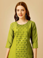 Jyoti Fashion Women's Green Cotton Blend Embroidered Kurta Pant Set