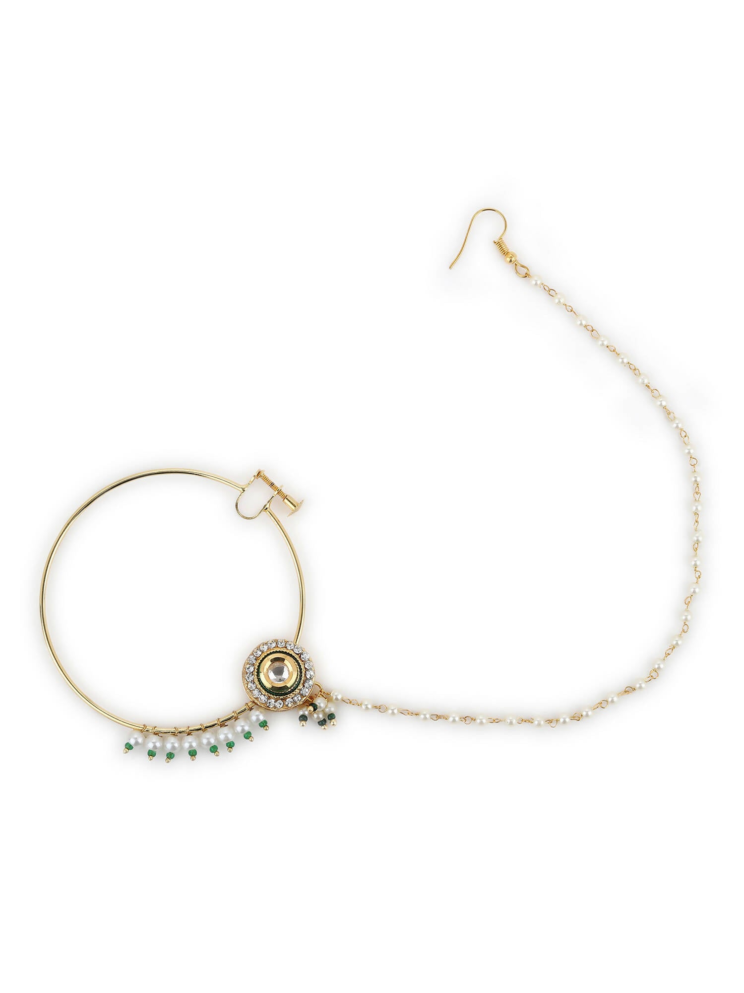 Gold-Plated White Green Kundan-Studded Pearl Beaded Nosepin - Ruby Raang - Distacart