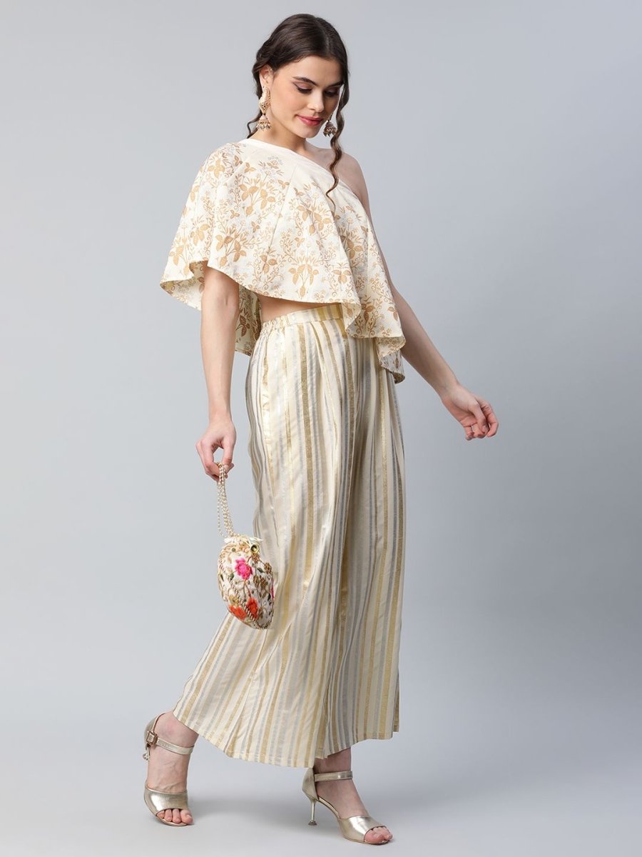 Ahalyaa Women Off White Crepe Floral Printed Top with Palazzos - Distacart