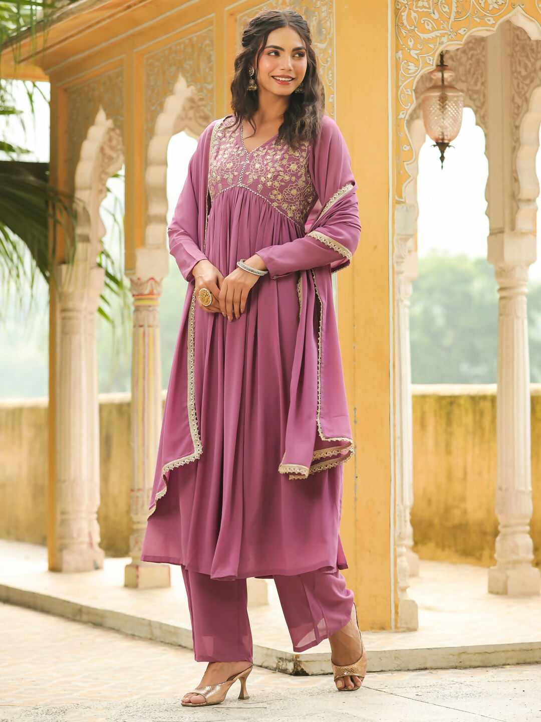 Janasya Lavender Georgette Yoke Embroidery Kurta,Bottom & Dupatta