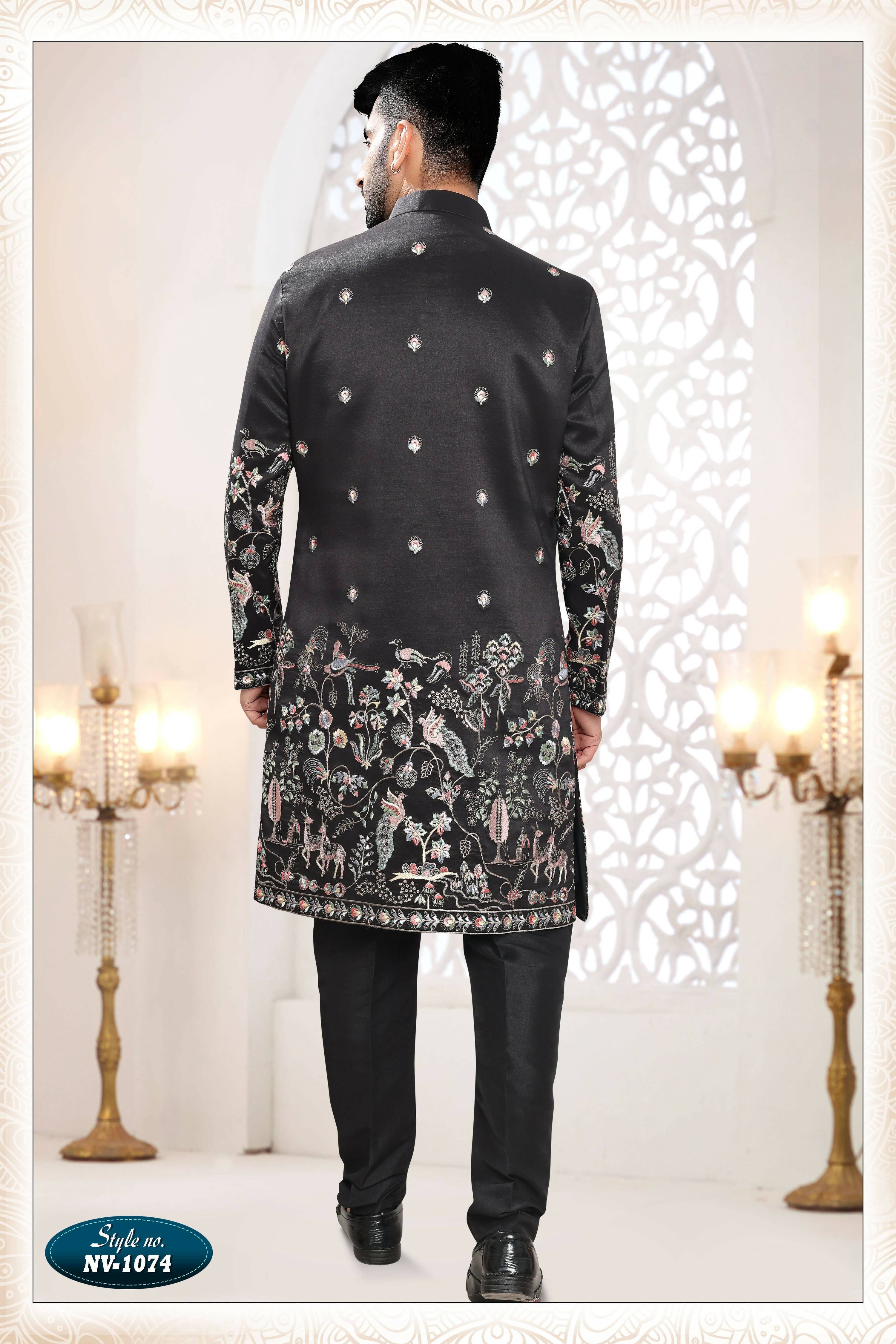 Joban Fashion Men's Black Straight Silk Thread And Sequence Embroidery All Over 3 Pc Kurta Set