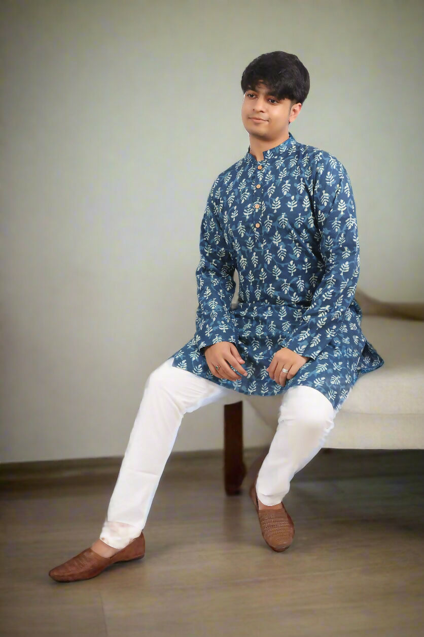 Souchii Men's Ethnic Printed Pure Cotton Kurta – Indigo Leaf Motif