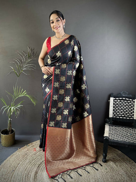 Joban Fashion Black Elephant Motif Soft Silk Banarasi silk Saree