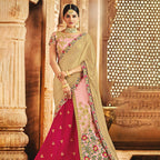 Pink Raw Silk Thread Zari And Sequins Embroidery Semi-Stitched Lehenga Saree - Mohmanthan Dezzy