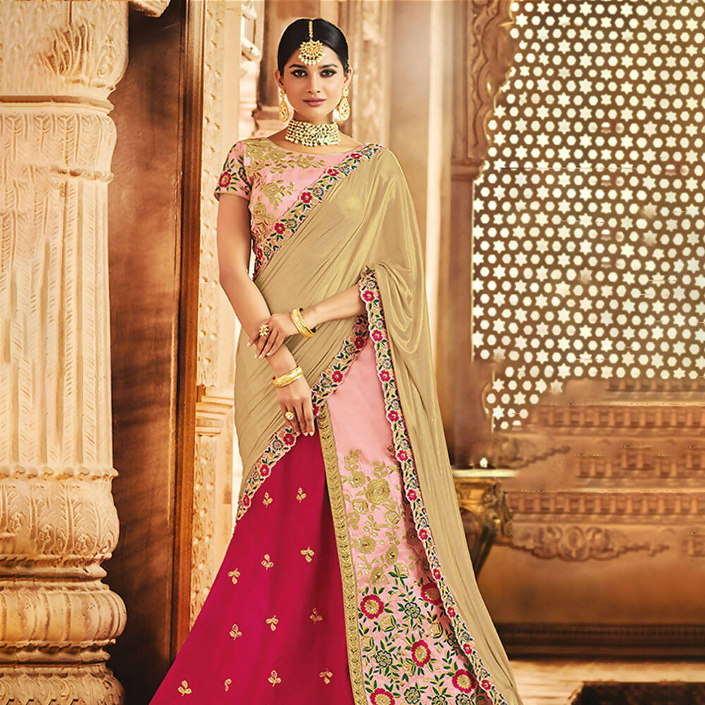 Pink Raw Silk Thread Zari And Sequins Embroidery Semi-Stitched Lehenga Saree - Mohmanthan Dezzy