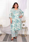 Miravan Women's Plus Size Cotton Light Green Scenic Birds And Leaf Floral Printed Straight Pakistani Style Kurta And Palazzo