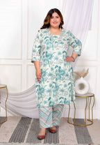 Miravan Women's Plus Size Cotton Light Green Scenic Birds And Leaf Floral Printed Straight Pakistani Style Kurta And Palazzo