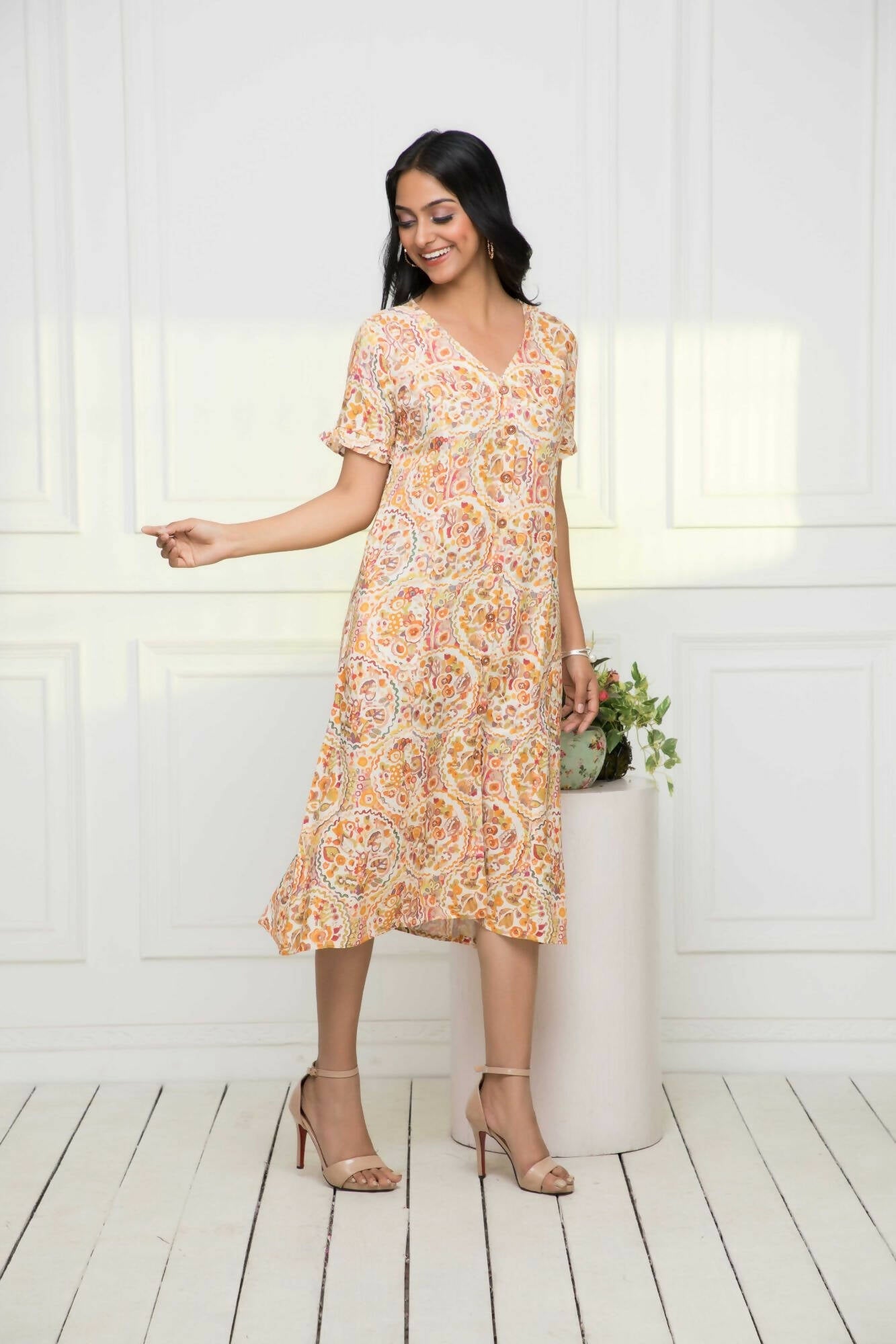 Myshka Women Multi-Abstract Rayon A-Line V-Neck Dress - Distacart