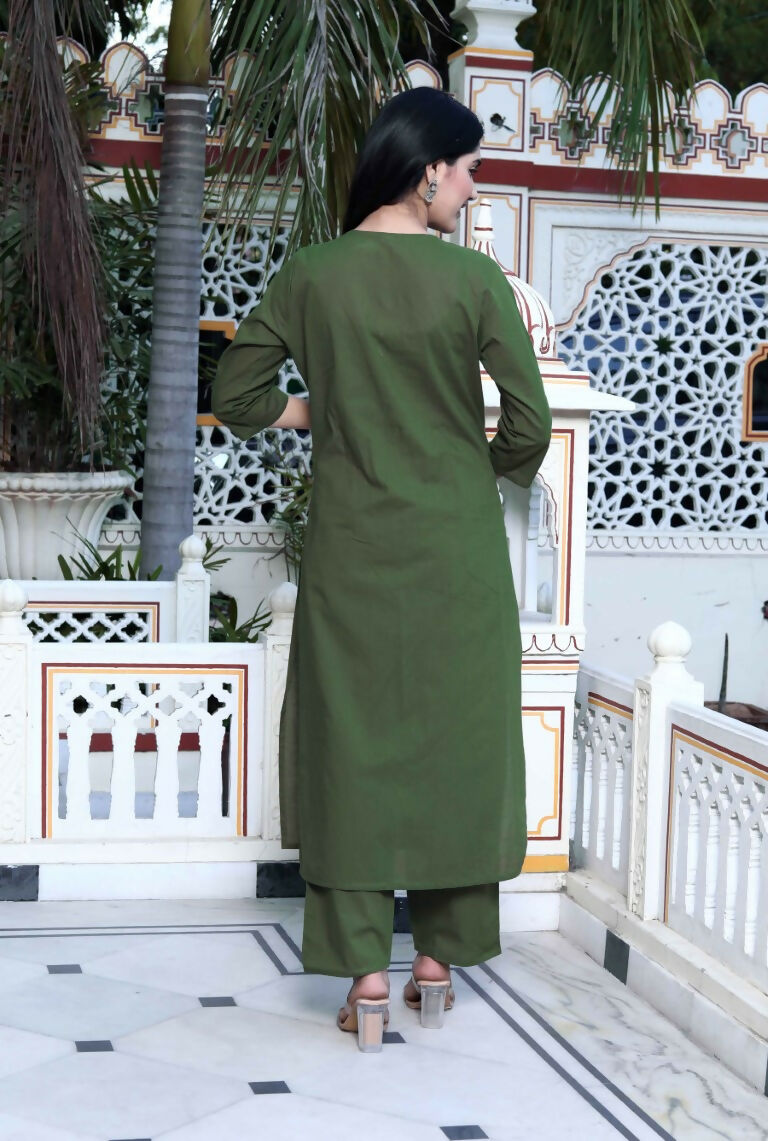 Miravan Women's Mehandi Pintucks Cotton Floral Straight Kurta and Palazzo