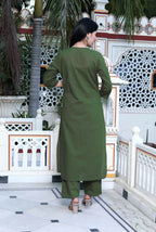 Miravan Women's Mehandi Pintucks Cotton Floral Straight Kurta and Palazzo